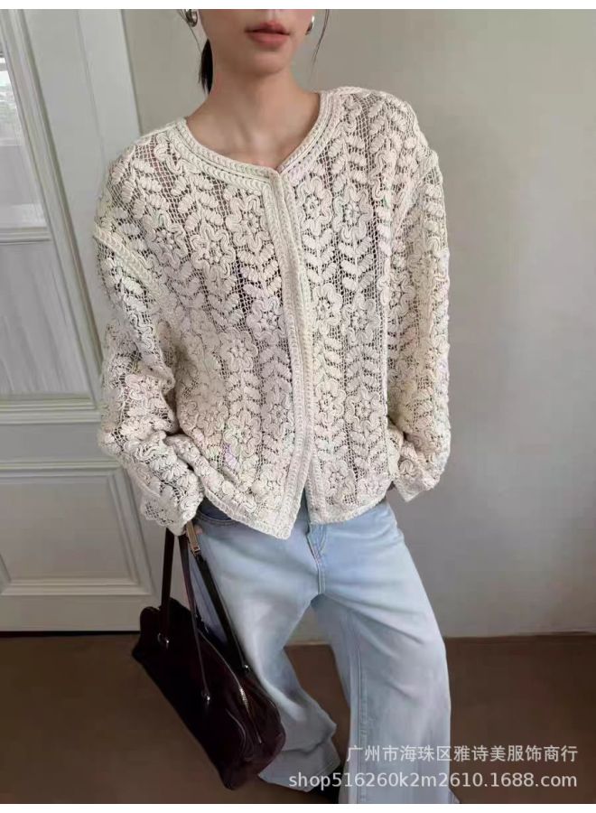 White Korean Style Hollow Crochet Knitted Cardigan, Loose Slim Long Sleeve Chic Top for Women