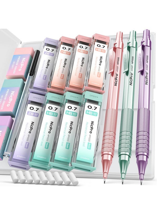 نيكبرو مجموعة أقلام رصاص ميكانيكية معدنية مقاس 0.7 مم مع حافظة، 3 قطع من أقلام الرصاص الباستيل Mp1000 مقاس 0.7 مم مع 480 قطعة من عبوات الرصاص Hb 2B، ممحاة، أقلام رصاص ميكانيكية جمالية لطيفة للفتيات لكتابة الرسم الفني - Image 1