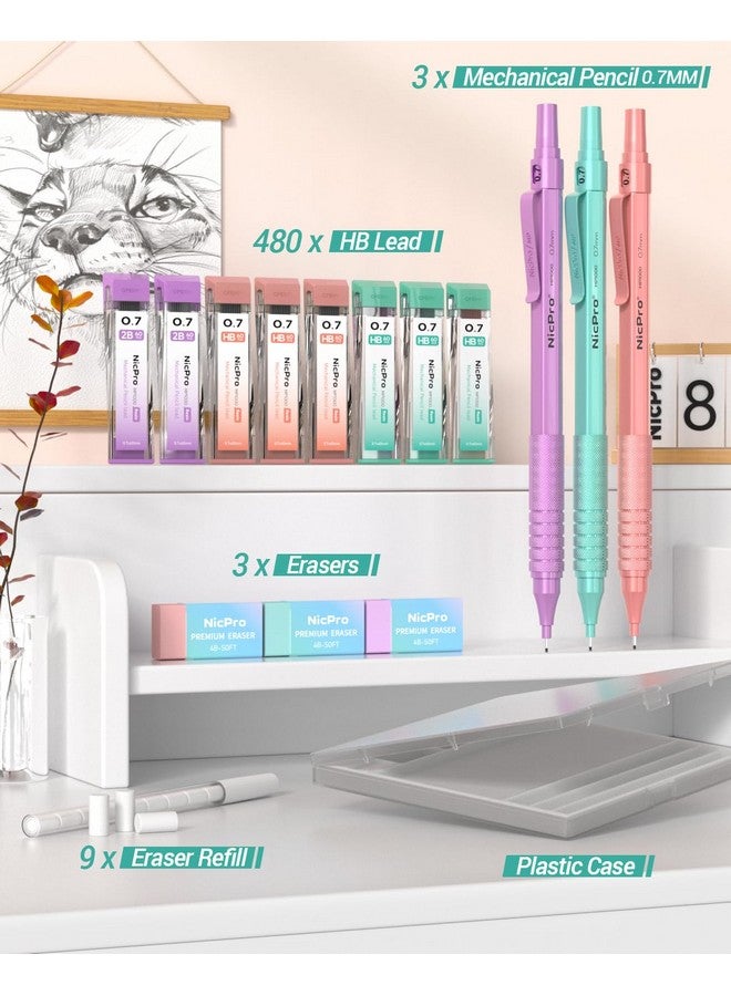 نيكبرو مجموعة أقلام رصاص ميكانيكية معدنية مقاس 0.7 مم مع حافظة، 3 قطع من أقلام الرصاص الباستيل Mp1000 مقاس 0.7 مم مع 480 قطعة من عبوات الرصاص Hb 2B، ممحاة، أقلام رصاص ميكانيكية جمالية لطيفة للفتيات لكتابة الرسم الفني - Image 2