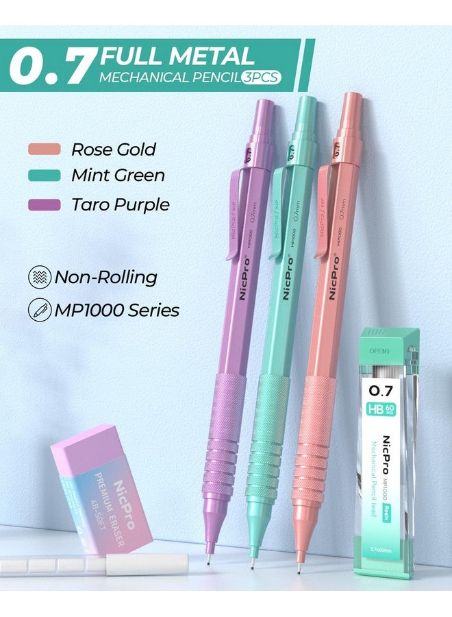 نيكبرو مجموعة أقلام رصاص ميكانيكية معدنية مقاس 0.7 مم مع حافظة، 3 قطع من أقلام الرصاص الباستيل Mp1000 مقاس 0.7 مم مع 480 قطعة من عبوات الرصاص Hb 2B، ممحاة، أقلام رصاص ميكانيكية جمالية لطيفة للفتيات لكتابة الرسم الفني - Image 3