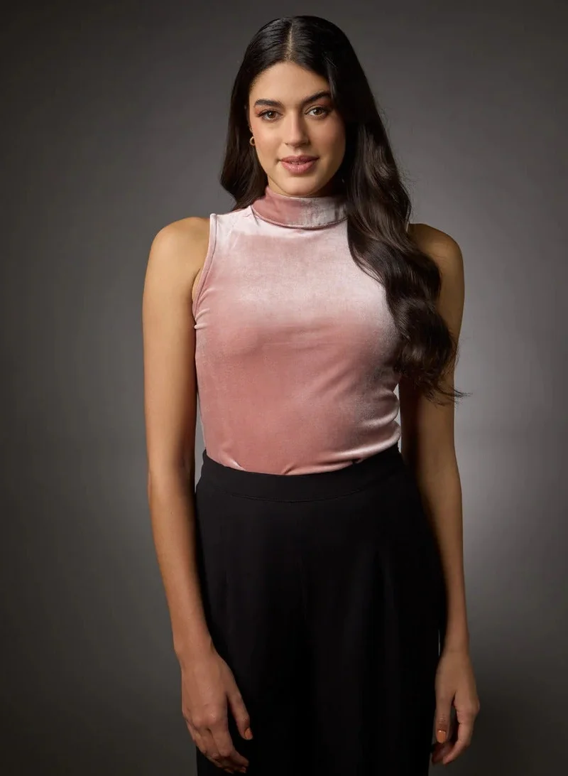 Zigzag High Neck Sleeveless Velvet Top-  Brown