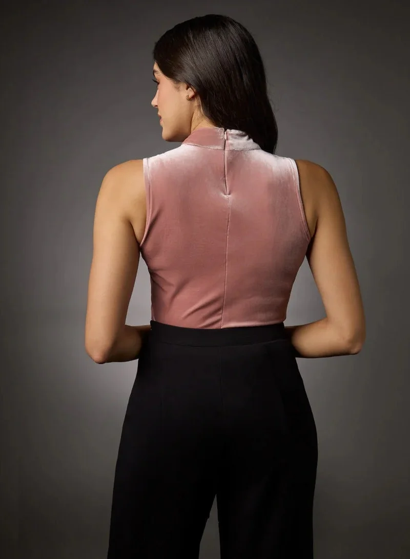Zigzag  High Neck Sleeveless Velvet Top-  Brown for Women | Best Price UAE