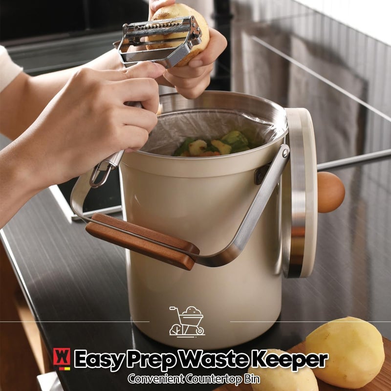 WAGENSTEIGER Kitchen Countertop Compost Bin 101ounces / 3Liters, Airtight Lid SUS304 Stainless Steel Odor-Free Food Waste Bin with Wooden Handle Stylish Design Bathroom Trash Can (Off-White) - Image 5