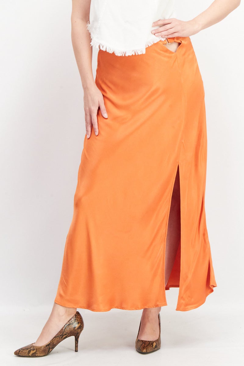 Reserved Women Satin Slit Maxi Skirt, Orange - Image 1