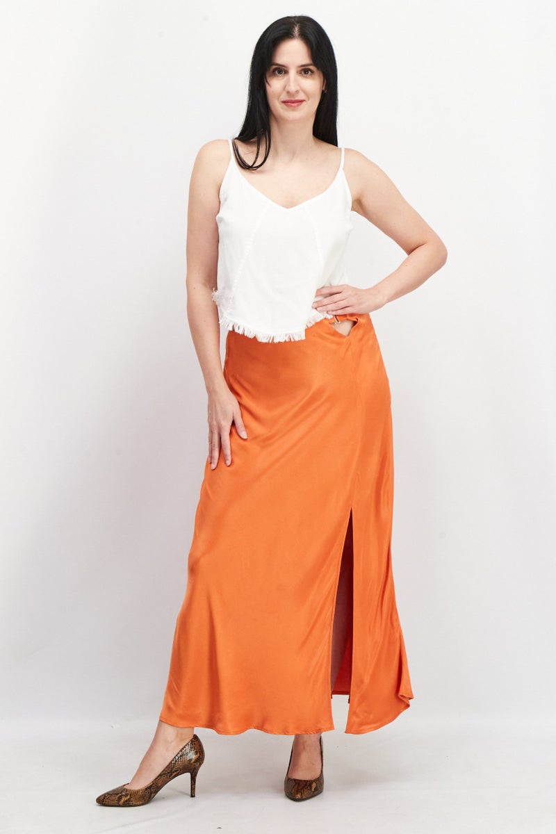 Reserved Women Satin Slit Maxi Skirt, Orange - Image 3