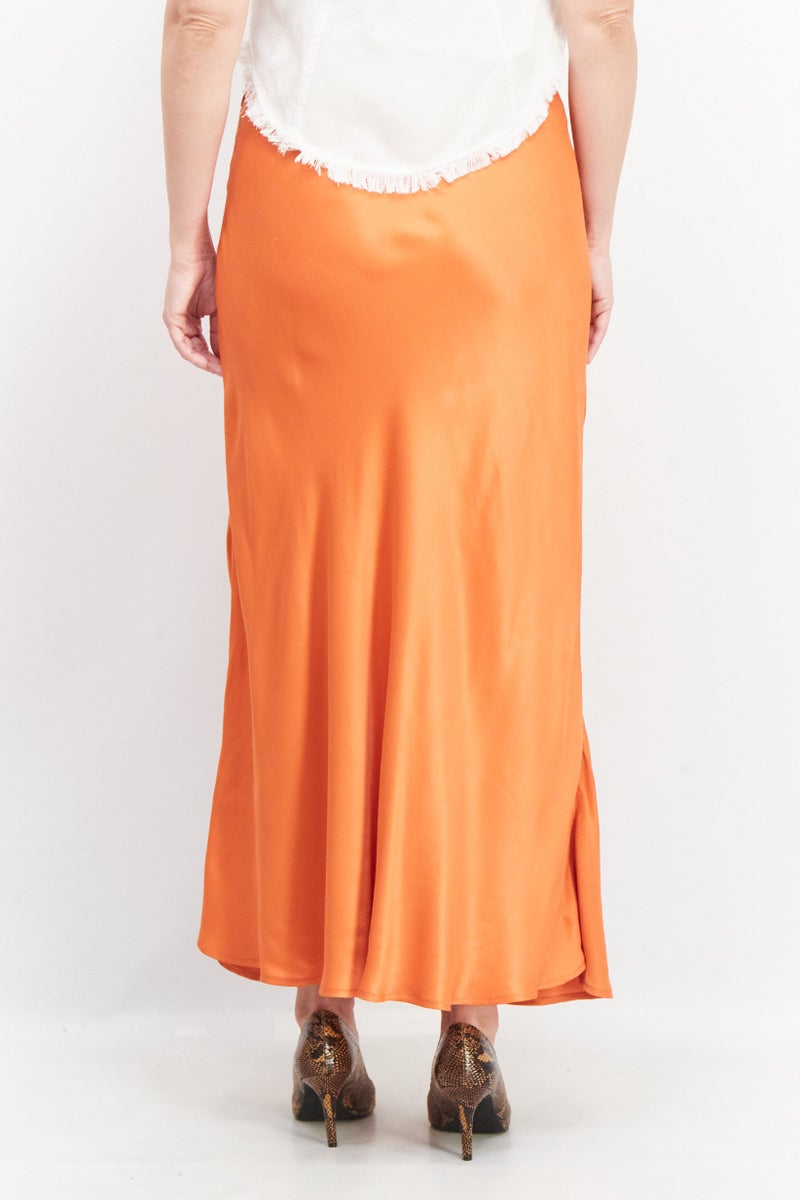 Reserved Women Satin Slit Maxi Skirt, Orange - Image 4