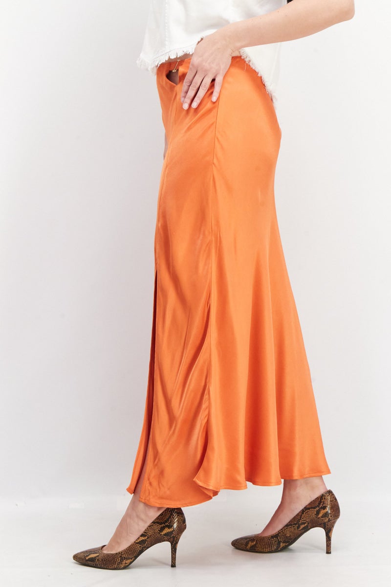 Reserved Women Satin Slit Maxi Skirt, Orange - Image 2