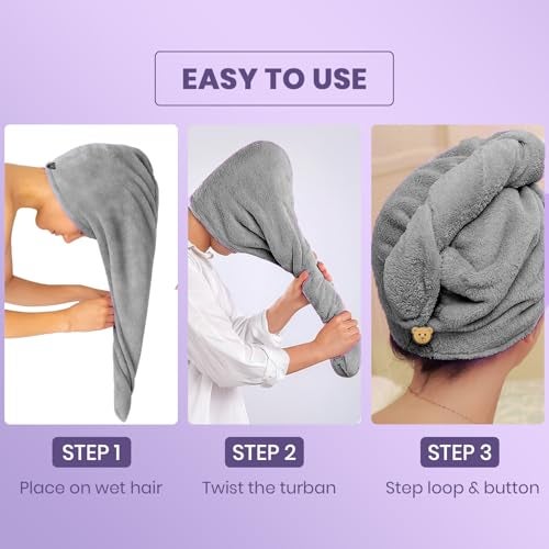 MAXOSHINE Hair Towel Wrap for Women-Quick Drying Microfiber Towel for Hair with Elastic Loop for Tying-Super Absorbent Head Towels Wrap for Ladies Hair Turban (Pack of 1-Assorted-Grey/Pink) - Image 3
