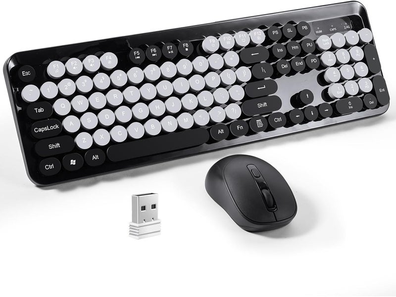 Nsyee Wireless Keyboard and Mouse Combo, 104 Round Keys Retro Full Size Keyboard and Mouse Set with 2.4GHz USB Receiver for PC/Laptop/Tablet/Computer/Windows, US Layout, Black - Image 1