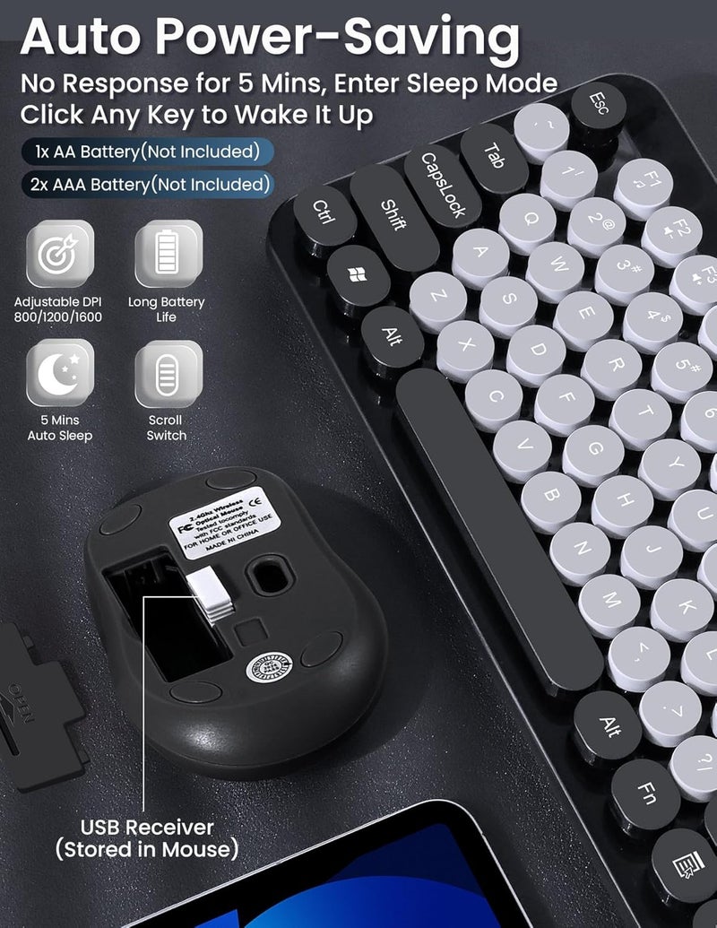 Nsyee Wireless Keyboard and Mouse Combo, 104 Round Keys Retro Full Size Keyboard and Mouse Set with 2.4GHz USB Receiver for PC/Laptop/Tablet/Computer/Windows, US Layout, Black - Image 4