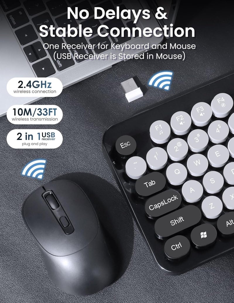 Nsyee Wireless Keyboard and Mouse Combo, 104 Round Keys Retro Full Size Keyboard and Mouse Set with 2.4GHz USB Receiver for PC/Laptop/Tablet/Computer/Windows, US Layout, Black - Image 3