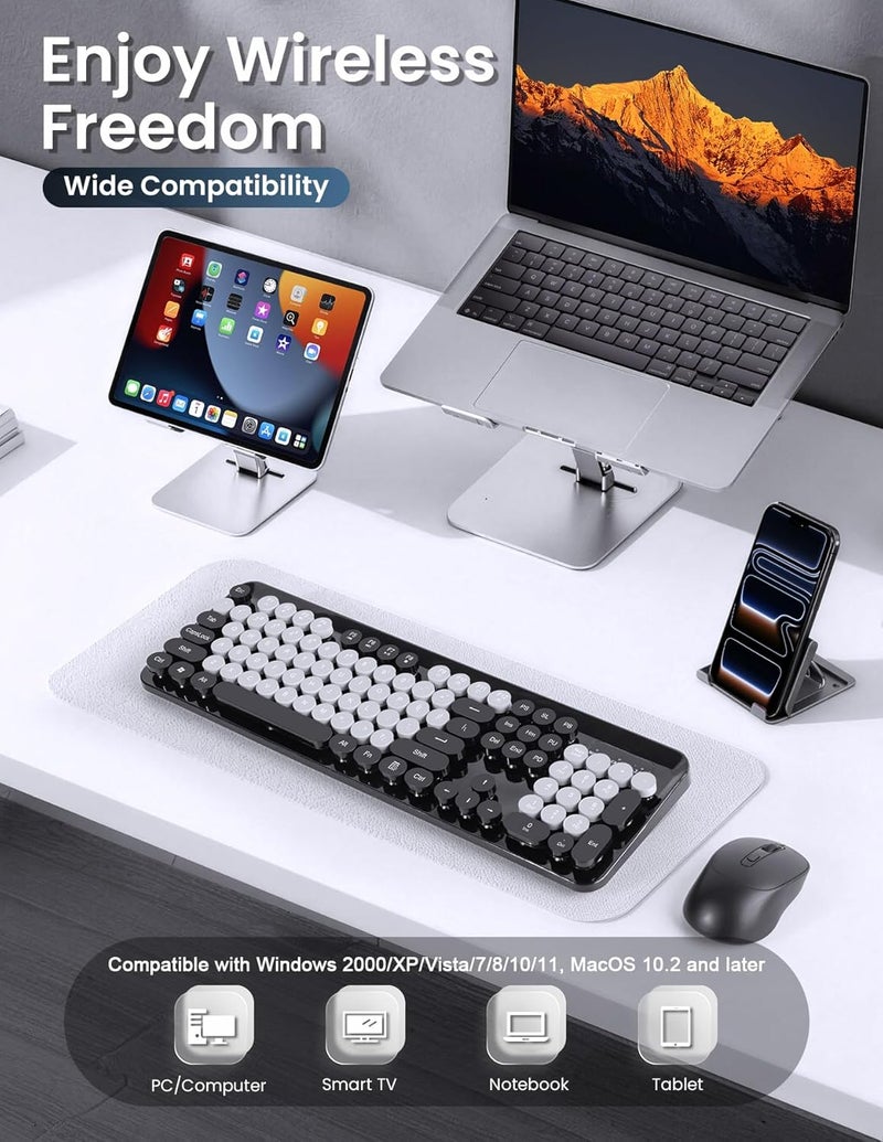 Nsyee Wireless Keyboard and Mouse Combo, 104 Round Keys Retro Full Size Keyboard and Mouse Set with 2.4GHz USB Receiver for PC/Laptop/Tablet/Computer/Windows, US Layout, Black - Image 2