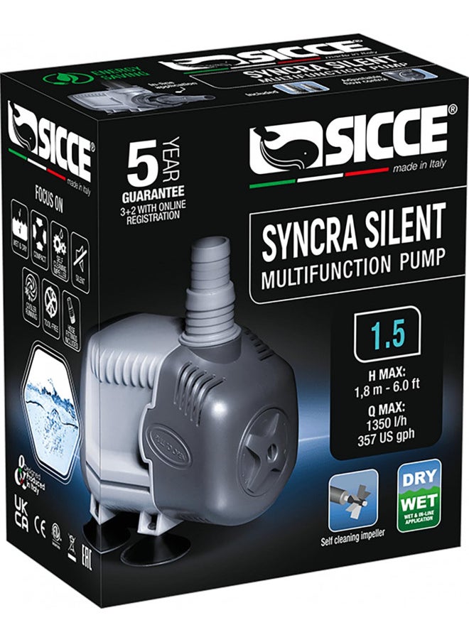 SICCE SICCE Syncra Silent 1.5 Multifunction 357 GPH Submersible Water Pump | Italian Made 23W Ultra Quiet Durable Aquarium Fish Tank, Fountain, Pond, Hydroponics, Terrarium Black | Freshwater & Saltwater  - Image 1