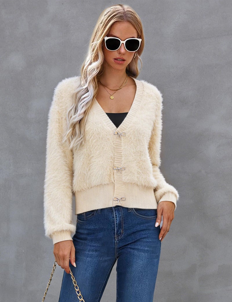 Yimoon Women's Cropped Fuzzy Cardigan Sweater Bowknot Brooch Button Knit Cardigans V Neck Long Sleeve Soft Knitwear(Beige-L) - Image 3
