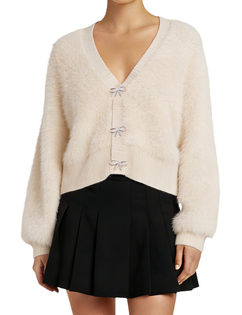 Yimoon Women's Cropped Fuzzy Cardigan Sweater Bowknot Brooch Button Knit Cardigans V Neck Long Sleeve Soft Knitwear(Beige-L) - Image 1