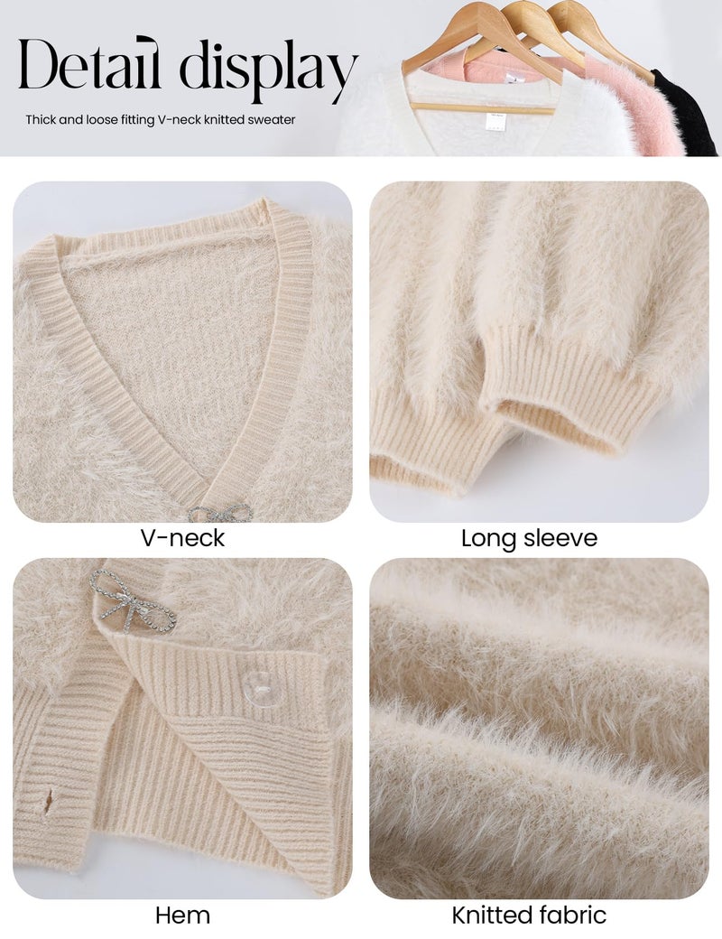 Yimoon Women's Cropped Fuzzy Cardigan Sweater Bowknot Brooch Button Knit Cardigans V Neck Long Sleeve Soft Knitwear(Beige-L) - Image 5