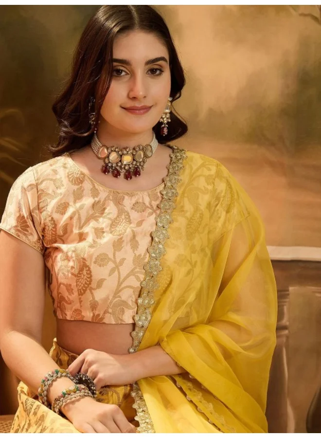 AKS Yellow Banarasi Lehenga Choli With Organza Dupatta
