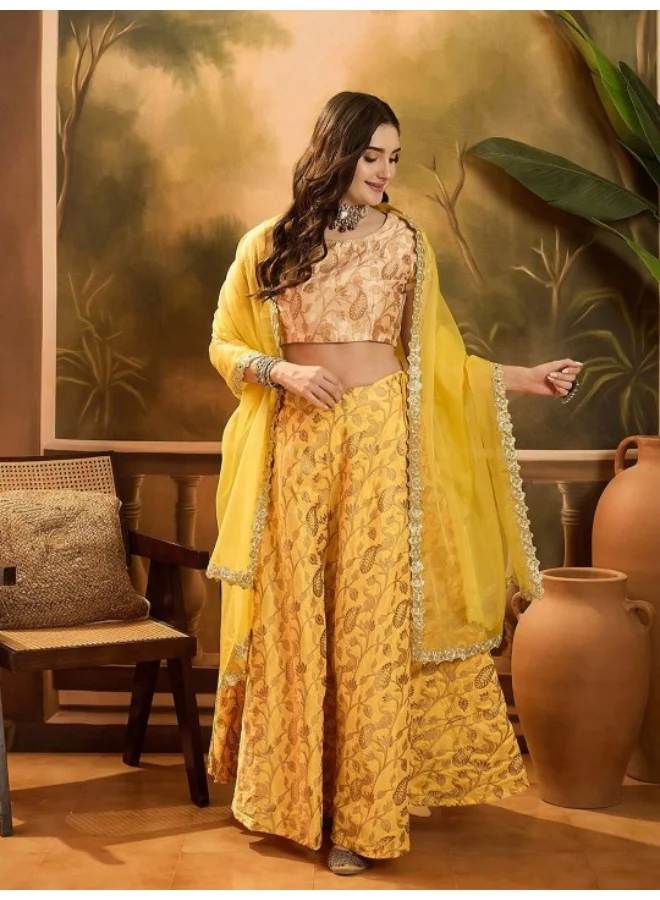 AKS Yellow Banarasi Lehenga Choli With Organza Dupatta
