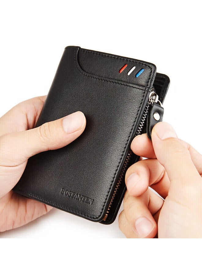 Bostanten Bosidandun Men's Wallet, Top-grain Leather, Business Short Style, Multifunctional, Vertical Casual, Contrasting Color, Zipper, Student Card Holder For Men - Image 1
