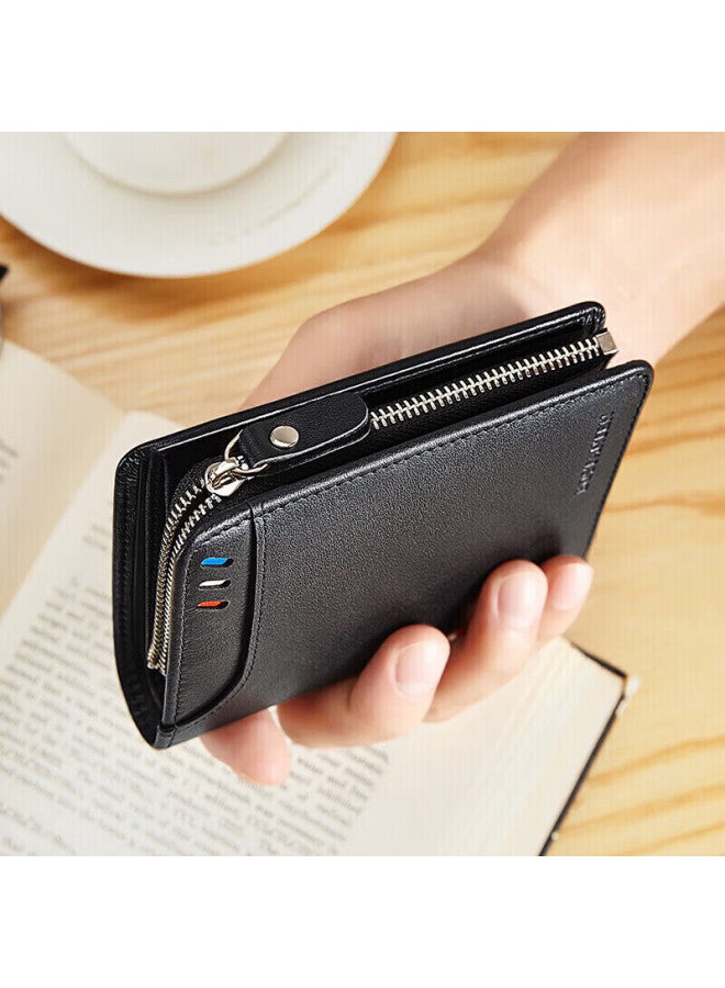 Bostanten Bosidandun Men's Wallet, Top-grain Leather, Business Short Style, Multifunctional, Vertical Casual, Contrasting Color, Zipper, Student Card Holder For Men - Image 3