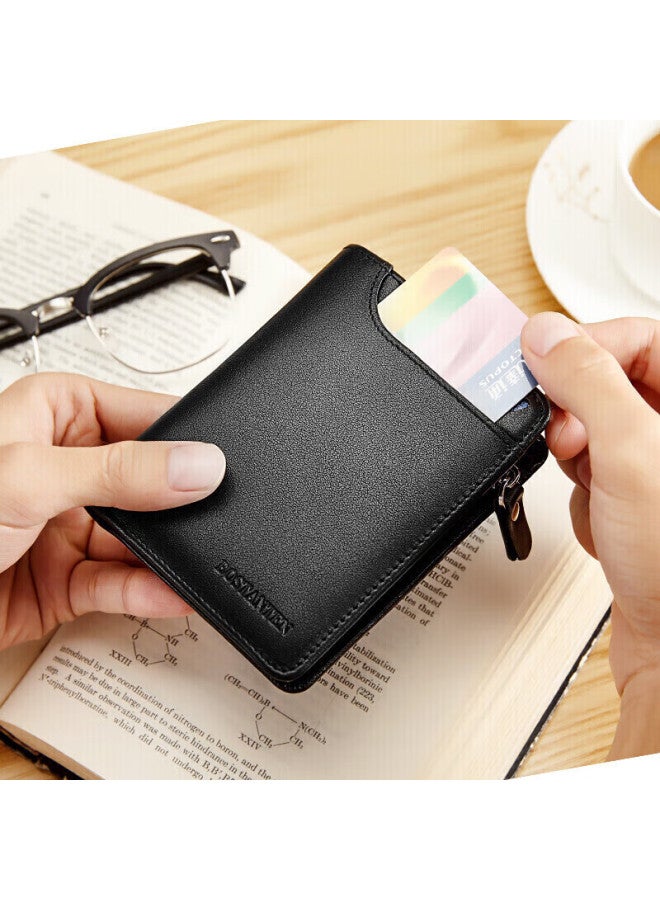 Bostanten Bosidandun Men's Wallet, Top-grain Leather, Business Short Style, Multifunctional, Vertical Casual, Contrasting Color, Zipper, Student Card Holder For Men - Image 2