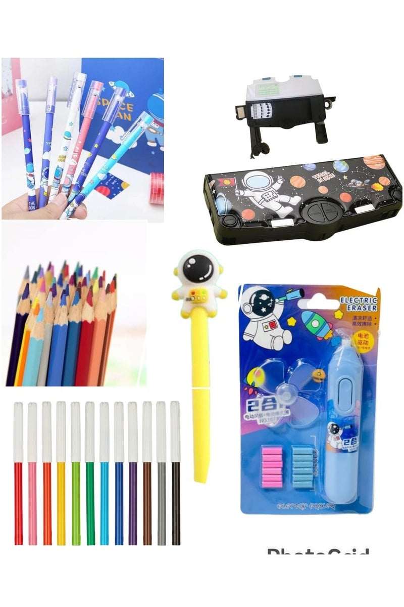 39-piece school supplies set (Multifunctional 6-piece pencil case + 12 felt-tip pens + 12 wooden pens + 12 astronaut gel pens + astronaut pencil + children's sticker card with fan) - Image 1
