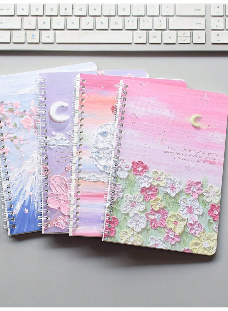 Generic 4-Pack A5 Spiral Notebooks – 60 Sheets / 120 Pages Each, Thick Lined Paper, Durable 360° Binding, Oil Painting-Inspired Covers with Starry Sea & Spring Peach Styles – Vintage Aesthetic Journals for School, Office, or Gift Use  - Image 1