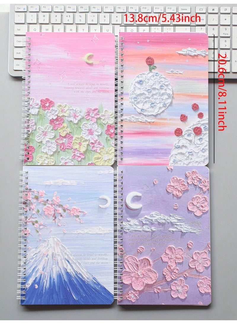 Generic 4-Pack A5 Spiral Notebooks – 60 Sheets / 120 Pages Each, Thick Lined Paper, Durable 360° Binding, Oil Painting-Inspired Covers with Starry Sea & Spring Peach Styles – Vintage Aesthetic Journals for School, Office, or Gift Use  - Image 2