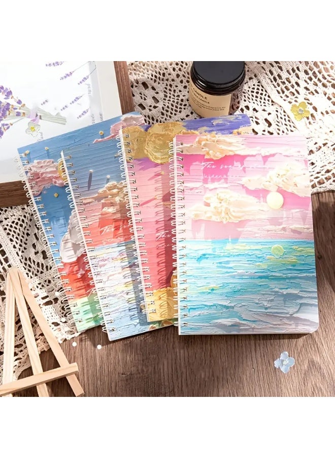 Generic 4-Pack A5 Spiral Notebooks – 60 Sheets / 120 Pages Each, Thick Lined Paper, Durable 360° Binding, Oil Painting-Inspired Covers with Starry Sea & Spring Peach Styles – Vintage Aesthetic Journals for School, Office, or Gift Use  - Image 4