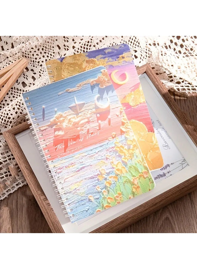 Generic 4-Pack A5 Spiral Notebooks – 60 Sheets / 120 Pages Each, Thick Lined Paper, Durable 360° Binding, Oil Painting-Inspired Covers with Starry Sea & Spring Peach Styles – Vintage Aesthetic Journals for School, Office, or Gift Use  - Image 5