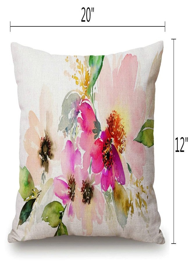 Solekla 12x20 Inches Pillow Covers Rustic Farmhouse Decor Beautiful Watercolor Flower Pillowcases Cotton Linen Pink Floral Throw Pillow Case Cushion Cover for Sofa Couch Bedroom - Image 2
