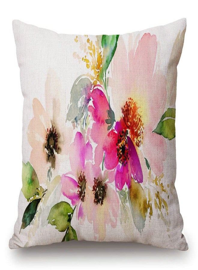 Solekla 12x20 Inches Pillow Covers Rustic Farmhouse Decor Beautiful Watercolor Flower Pillowcases Cotton Linen Pink Floral Throw Pillow Case Cushion Cover for Sofa Couch Bedroom - Image 1