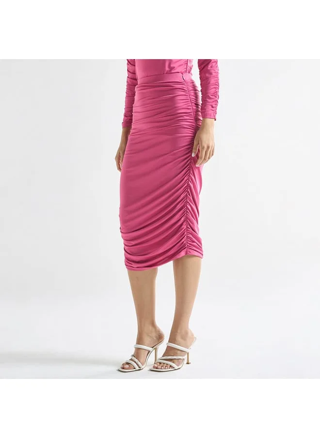 FAV Ruched Midi Pencil Skirt with Zip Closure and Tie-Ups