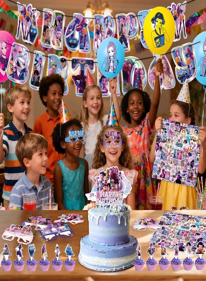 IHVATO For K Pop Demon Hunters Party Supplies,157 PCS Birthday Decorations Set Include Banner,Balloons,Hanging Swirls,Cake Cupcake Toppers,Tablecloth for Boys Girls Hunters Theme Party - Image 3