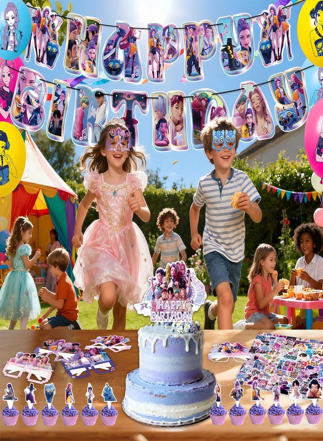 IHVATO For K Pop Demon Hunters Party Supplies,157 PCS Birthday Decorations Set Include Banner,Balloons,Hanging Swirls,Cake Cupcake Toppers,Tablecloth for Boys Girls Hunters Theme Party - Image 4