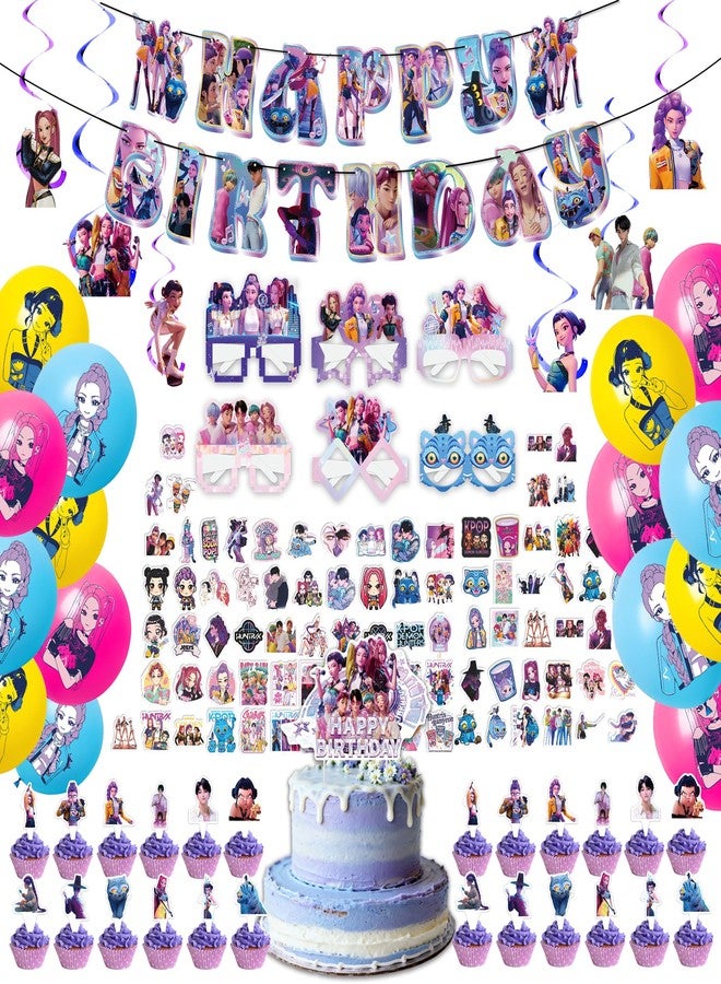 IHVATO For K Pop Demon Hunters Party Supplies,157 PCS Birthday Decorations Set Include Banner,Balloons,Hanging Swirls,Cake Cupcake Toppers,Tablecloth for Boys Girls Hunters Theme Party - Image 1