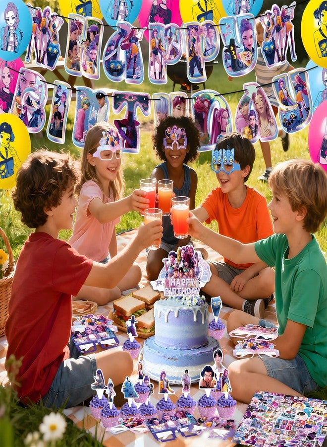 IHVATO For K Pop Demon Hunters Party Supplies,157 PCS Birthday Decorations Set Include Banner,Balloons,Hanging Swirls,Cake Cupcake Toppers,Tablecloth for Boys Girls Hunters Theme Party - Image 5