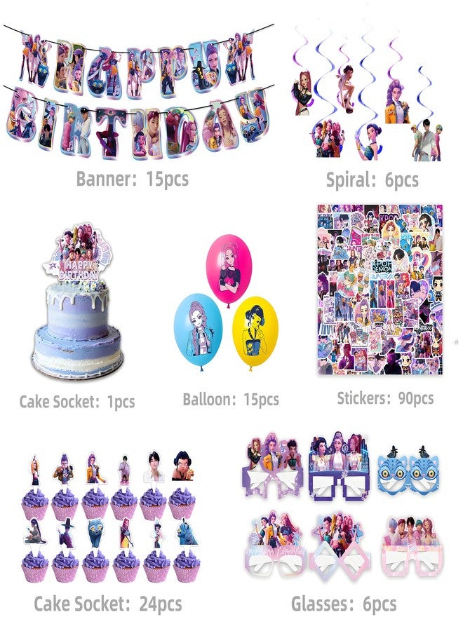 IHVATO For K Pop Demon Hunters Party Supplies,157 PCS Birthday Decorations Set Include Banner,Balloons,Hanging Swirls,Cake Cupcake Toppers,Tablecloth for Boys Girls Hunters Theme Party - Image 2