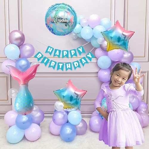 SpecialYou.in Birthday Decoration Items For Girls With Mermaid Theme Foil Balloon Set, Happy Birthday Paper Banner, Purple, Pearl White And Blue Balloons- 68 Pcs - Image 3