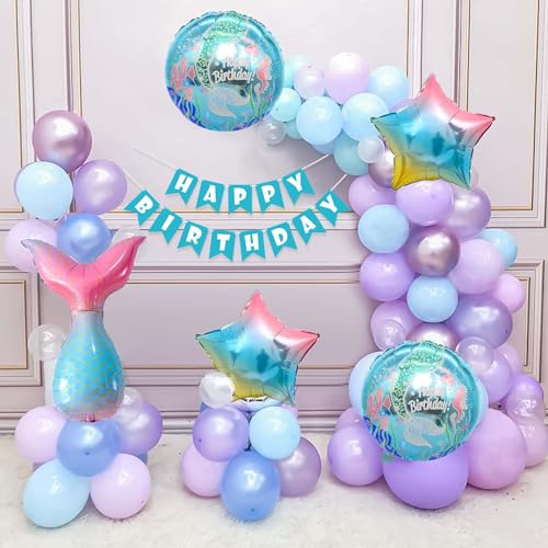 SpecialYou.in Birthday Decoration Items For Girls With Mermaid Theme Foil Balloon Set, Happy Birthday Paper Banner, Purple, Pearl White And Blue Balloons- 68 Pcs - Image 1