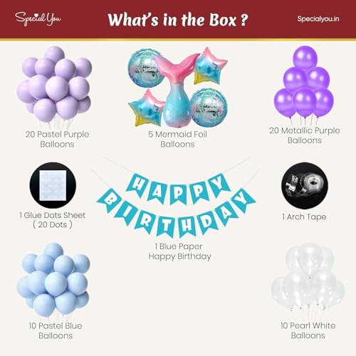 SpecialYou.in Birthday Decoration Items For Girls With Mermaid Theme Foil Balloon Set, Happy Birthday Paper Banner, Purple, Pearl White And Blue Balloons- 68 Pcs - Image 2