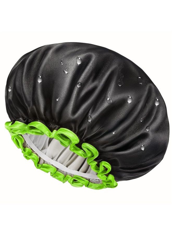 mikimini Black Shower Cap for Women, Men & Girls, 2 Packs Reusable Double Layers Waterproof Bathing Shower Hat with Soft Comfortable PEVA Lining, non-fading, Stretchy Shower Cap  - Image 1