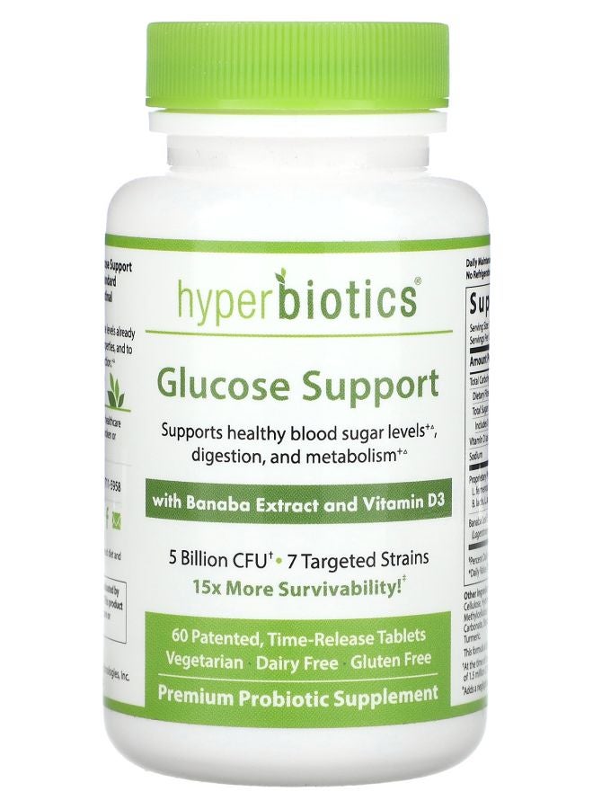 Hyperbiotics Glucose Support with Banaba Extract and Vitamin D3 5 Billion CFU 60 Patented TimeRelease Tablets