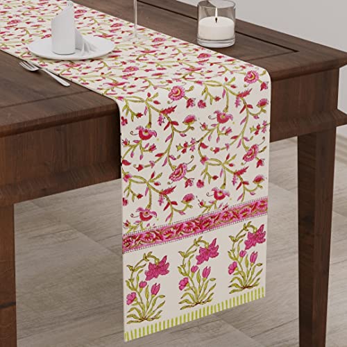 BLOCKS OF INDIA Cotton Hand Block Printed Table Runner for Center/Dining Table (Pink Flower 1) - Image 1