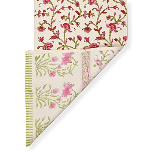 BLOCKS OF INDIA Cotton Hand Block Printed Table Runner for Center/Dining Table (Pink Flower 1) - Image 3