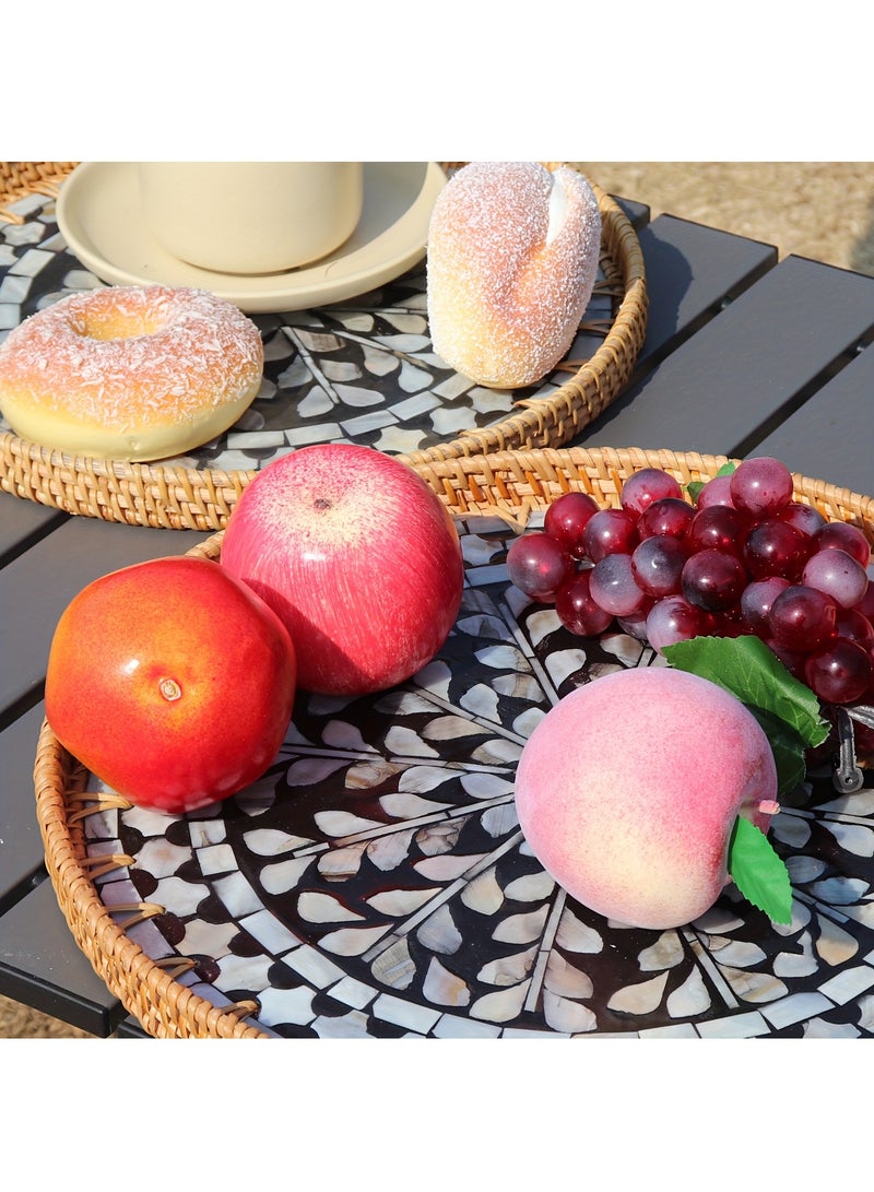 Cozy Nest Handmade Rattan Tray Set of 2 with Mother-of-Pearl Inlay – Round Boho Decorative Trays for Serving, Coffee Table, Wall Art – Colorful Artisan Woven Home Décor (30 cm & 35 cm)  - Image 2