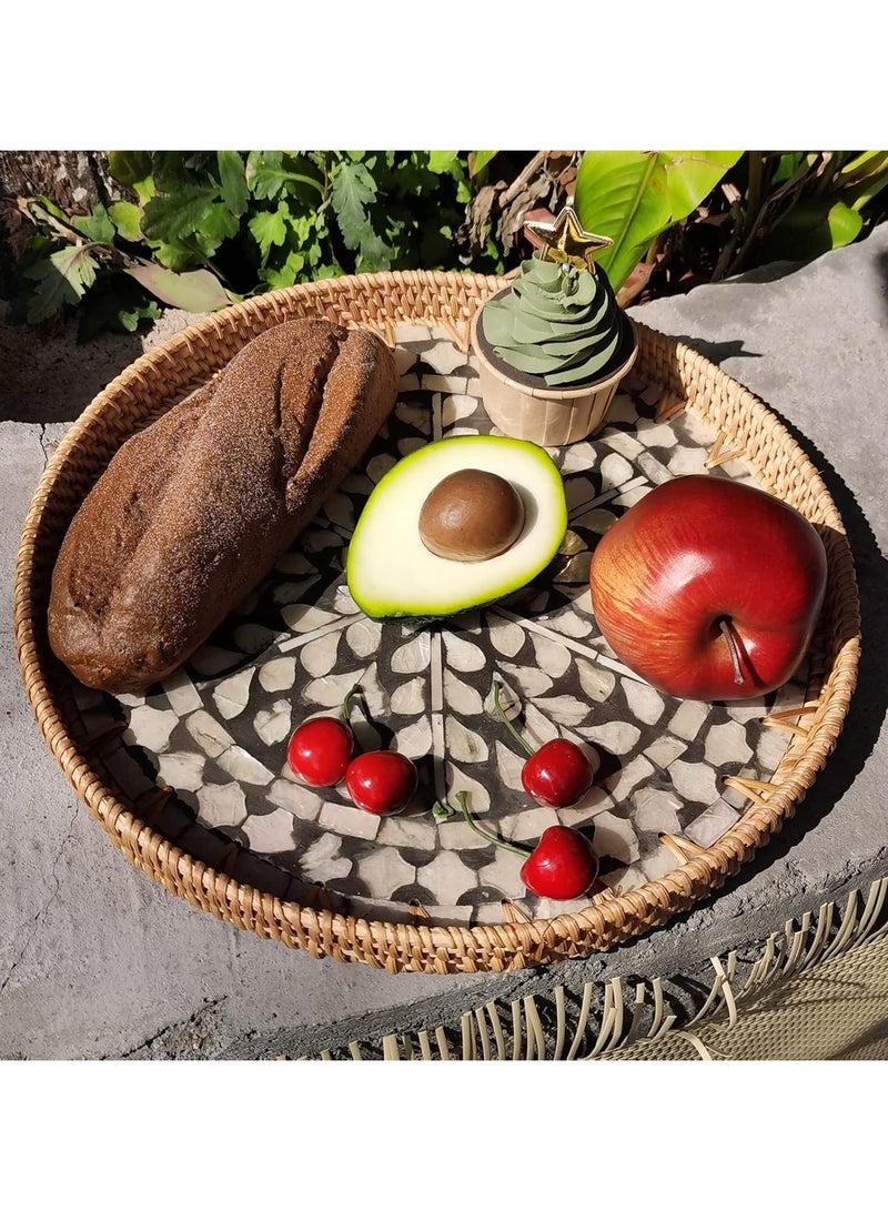 Cozy Nest Handmade Rattan Tray Set of 2 with Mother-of-Pearl Inlay – Round Boho Decorative Trays for Serving, Coffee Table, Wall Art – Colorful Artisan Woven Home Décor (30 cm & 35 cm)  - Image 3
