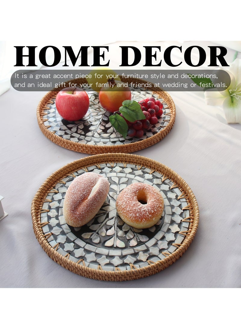 Cozy Nest Handmade Rattan Tray Set of 2 with Mother-of-Pearl Inlay – Round Boho Decorative Trays for Serving, Coffee Table, Wall Art – Colorful Artisan Woven Home Décor (30 cm & 35 cm)  - Image 4