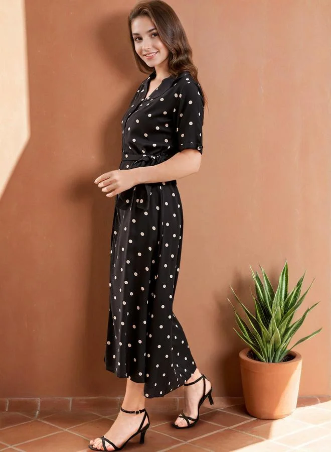 Freehand Black Polka Dot Short Sleeve Midi Dress