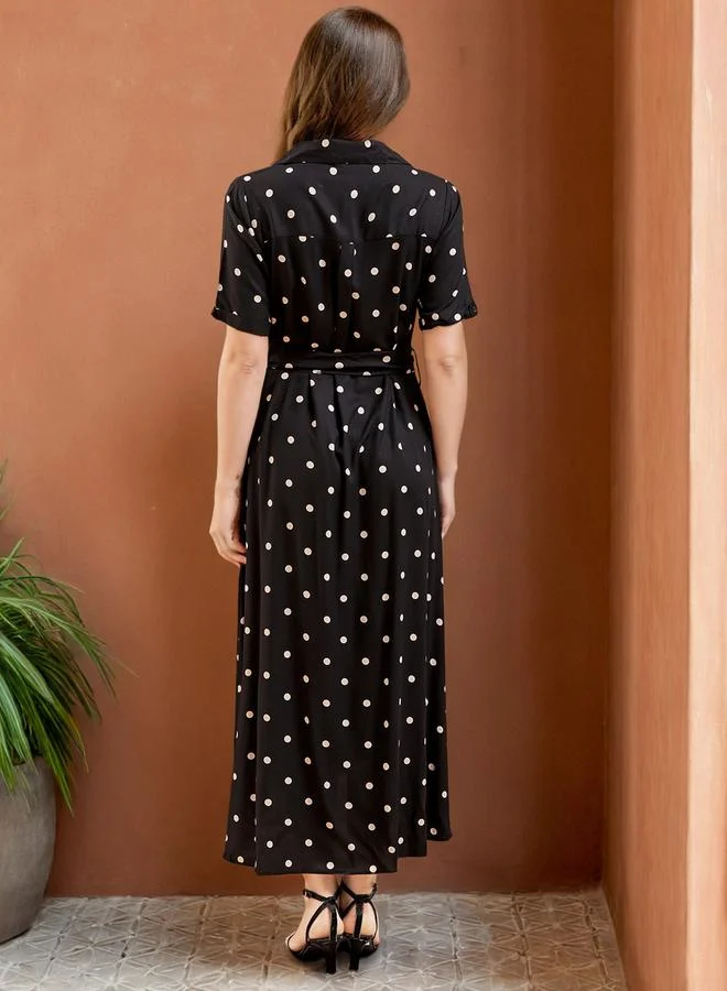 Freehand Black Polka Dot Short Sleeve Midi Dress